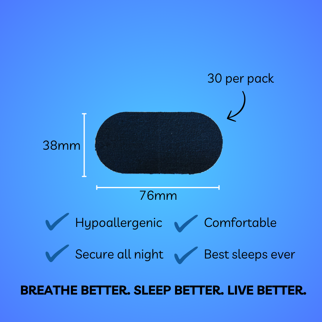 Black sleep tape 76mm x 38mm, hypoallergenic, 30 per pack.