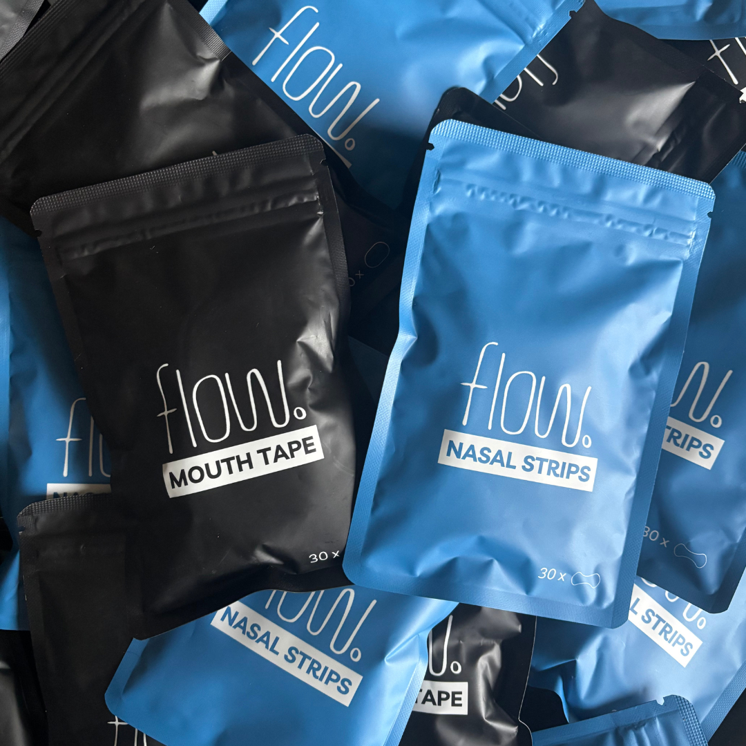 Flow mouth tape and nasal strips in black and blue packs.