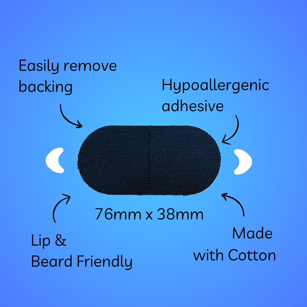 Black cotton adhesive patch, hypoallergenic, beard-friendly.