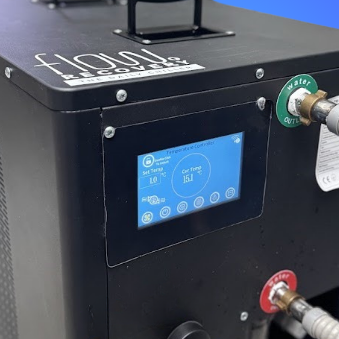 Flow Recovery chiller unit showing temperature control panel.