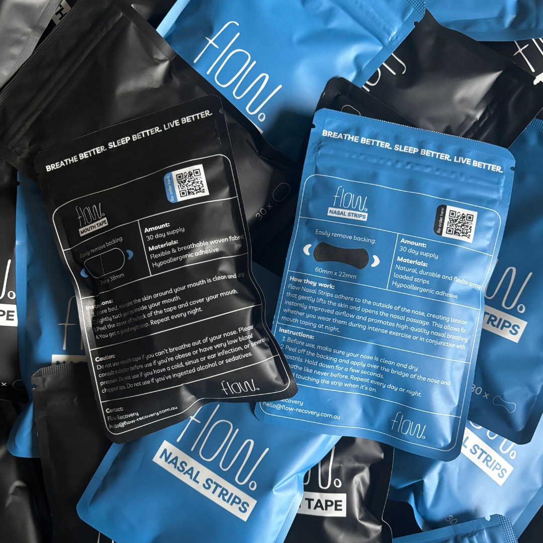 Flow Recovery nasal strips and mouth tape packaging display.