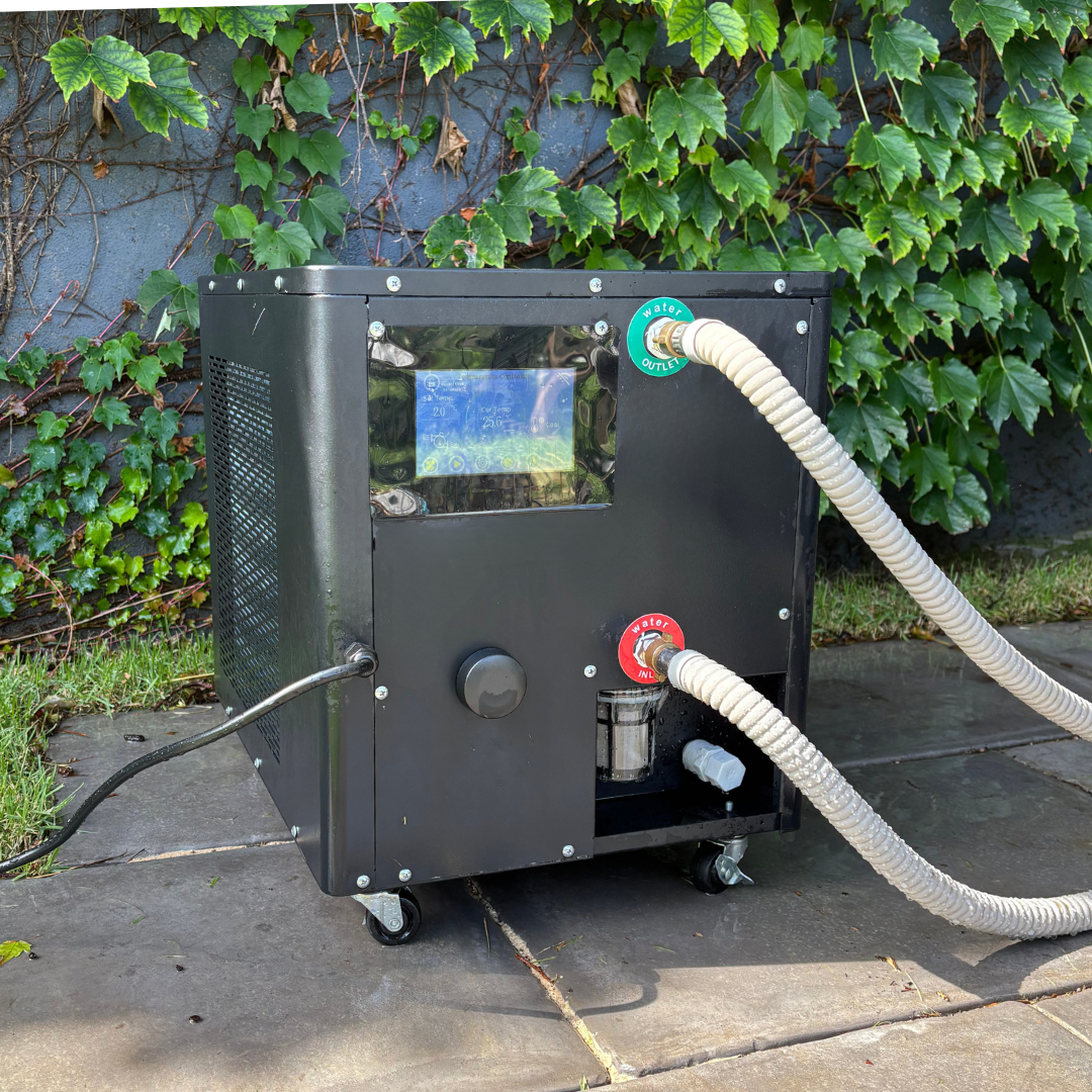 Portable water filtration system with display and hoses.