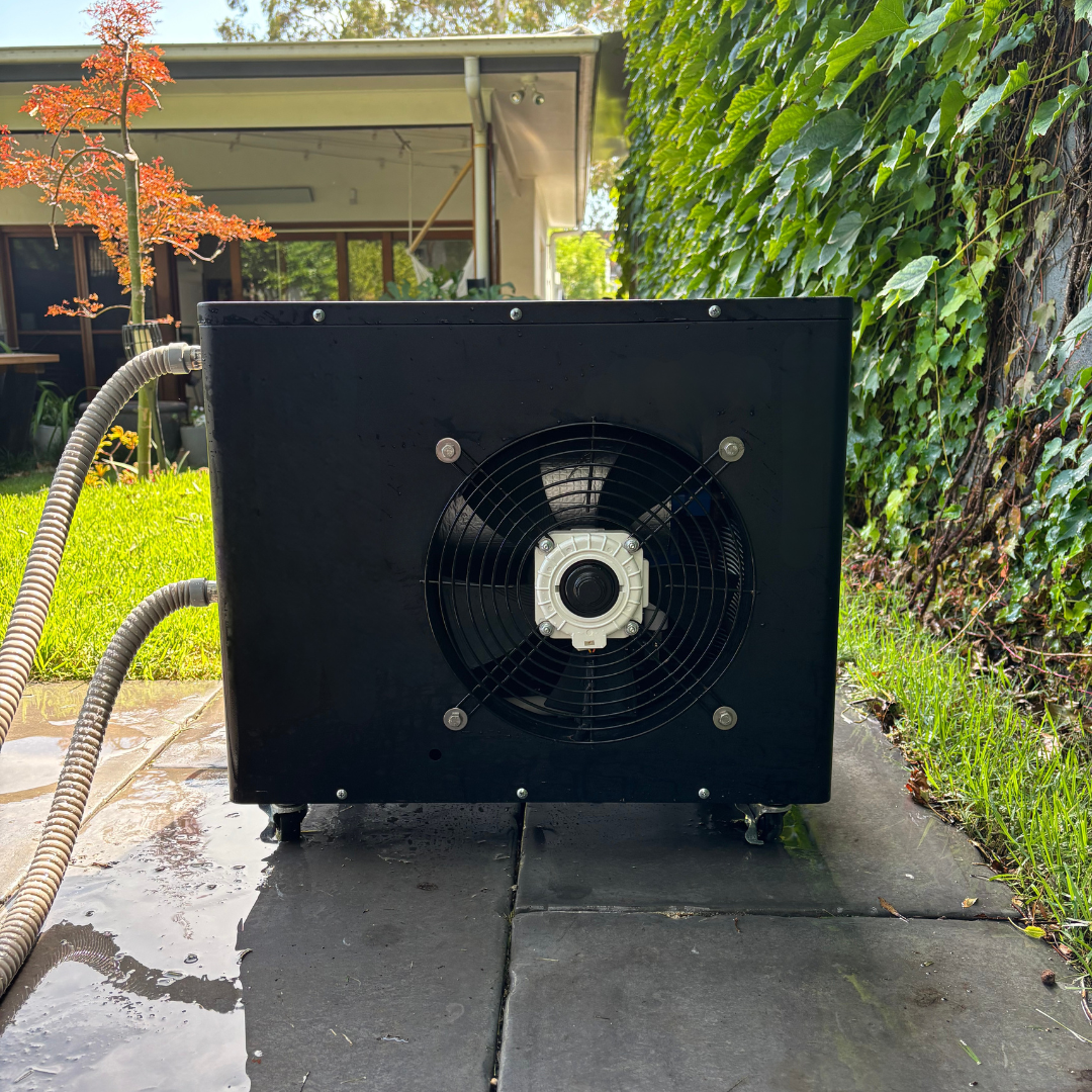 Flow Recovery chiller unit with fan for cold plunge setup.