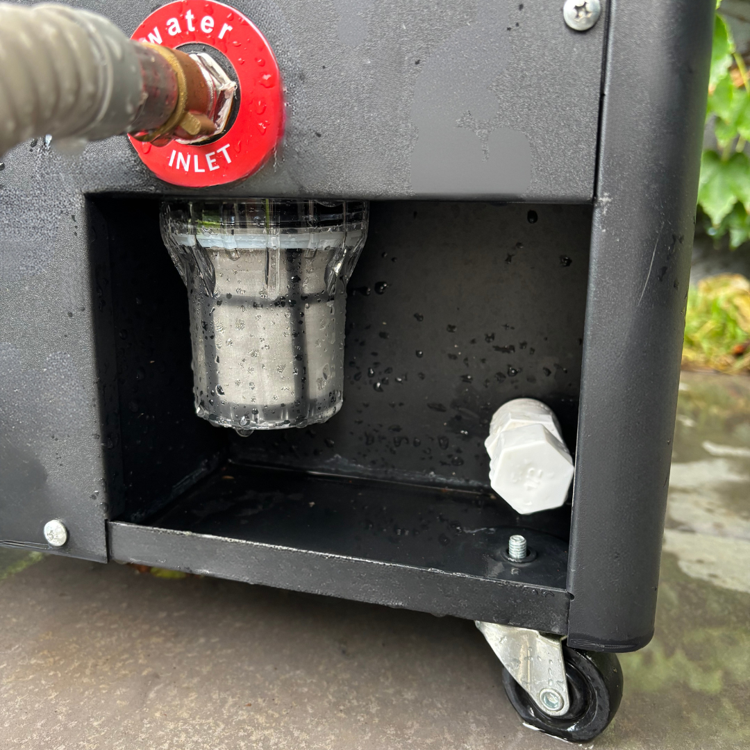 Black minimalist air conditioning unit icon on blue background.