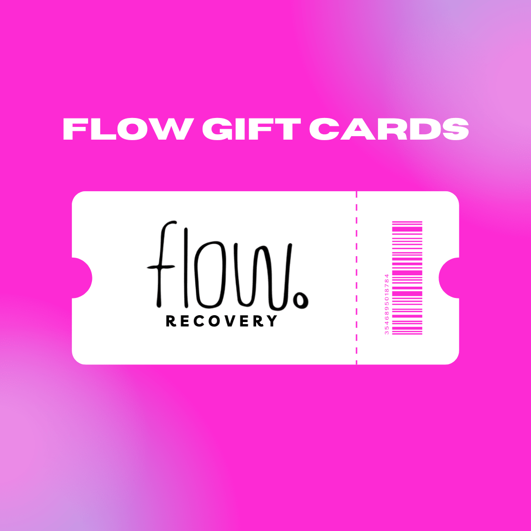 Flow Recovery gift card design on a pink and purple gradient background