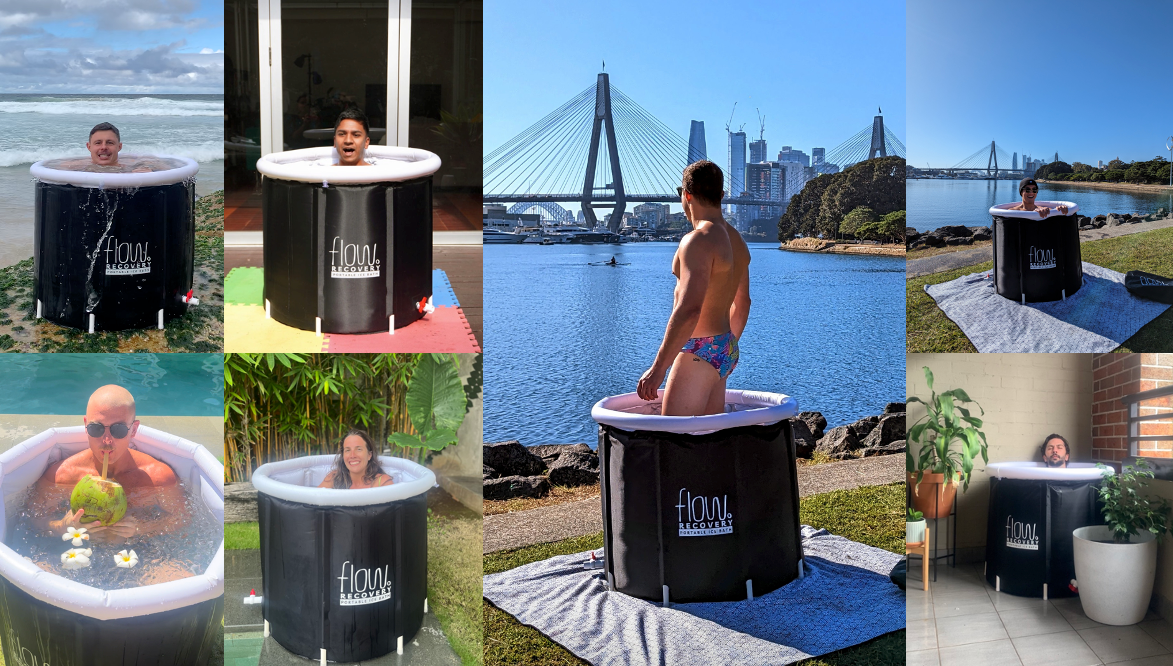 People using Flow Recovery ice baths in various locations.