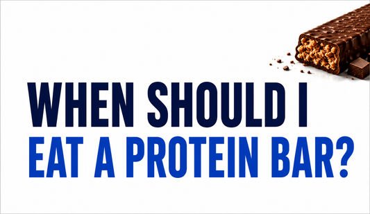 Minimalist blog header image featuring the question “When Should I Eat a Protein Bar?” in large blue typography on a white background, with a chocolate-coated protein bar displayed in the top-right corner.