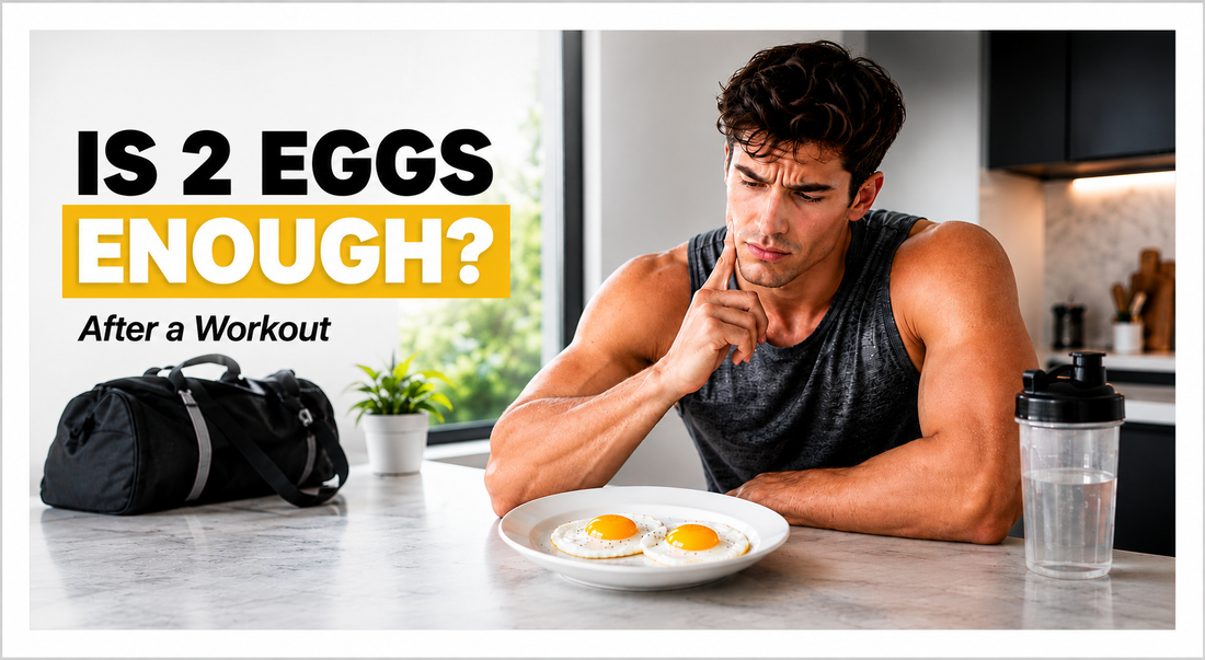 Fit man questioning if two eggs are enough after a workout, with gym gear in the background and the text “IS 2 EGGS ENOUGH?” displayed prominently.