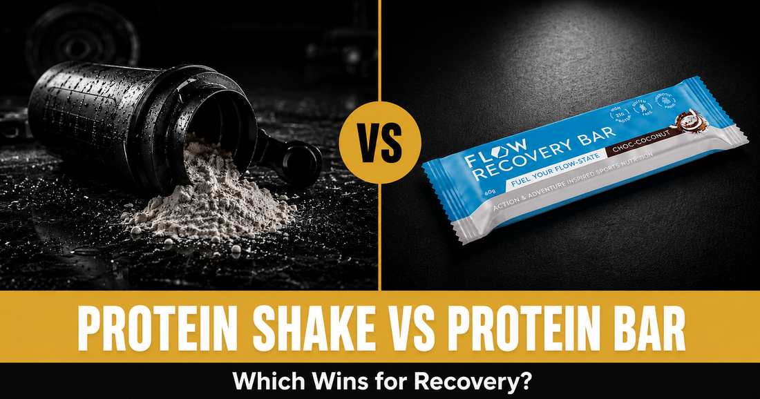 Protein shake vs protein bar recovery comparison banner.