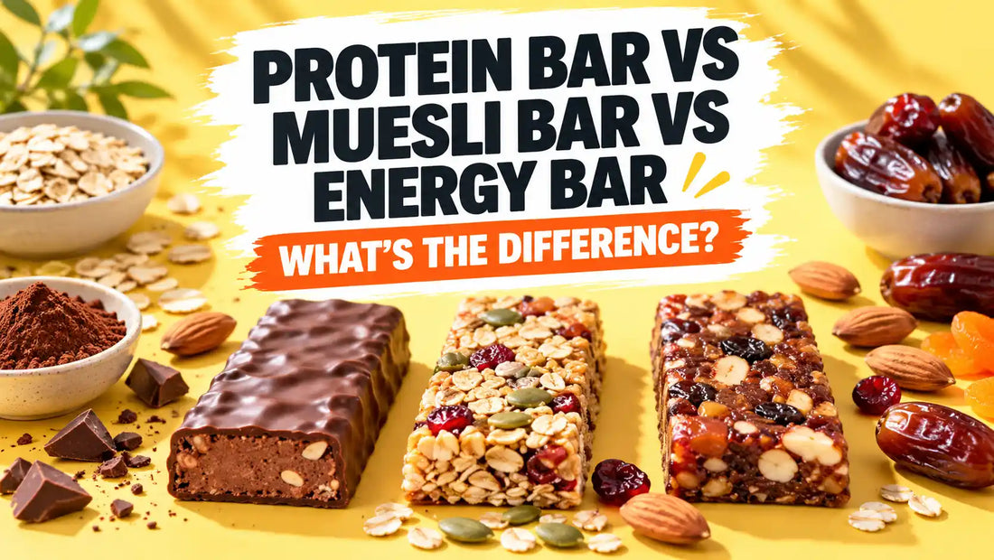 Protein bar, oat muesli bar and date energy bar displayed side by side