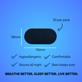 Black sleep tape 76mm x 38mm, hypoallergenic, 30 per pack.