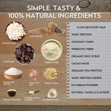 Ingredients of a flow recovery bar displayed on a wooden background with text highlighting natural ingredients.